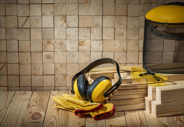 Carpenter tools headphones gloves goggles and saw mask on wooden background