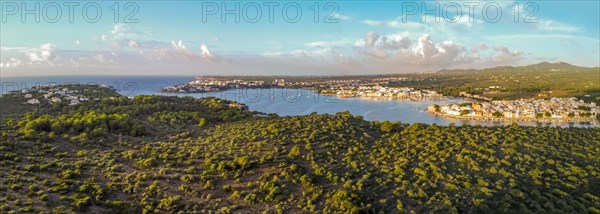 Aerial panorama of a lush forested area beside a coastline with a small settlement