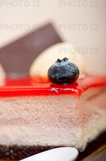 Fresh strawberry yogurt mousse with macaroon and blueberry on top