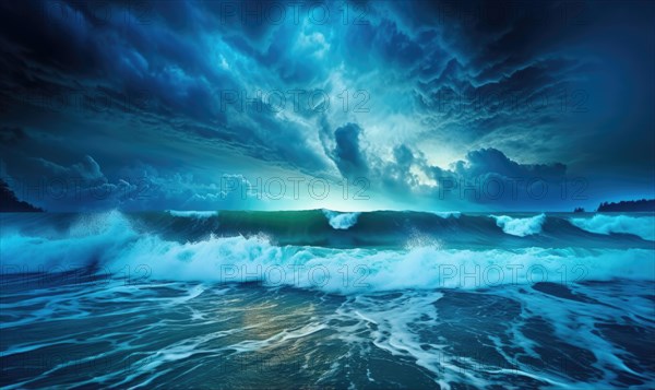 Beautiful seascape. Dramatic sky with stormy ocean waves Ai generated