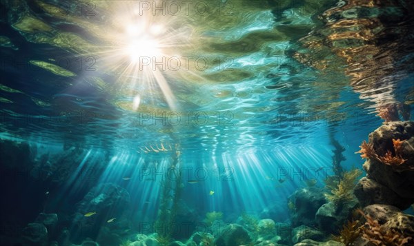 Underwater view of coral reef with sun rays shining through water surface