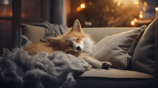 Cute little fox sleeping on sofa in room with Christmas tree and lights Ai generated