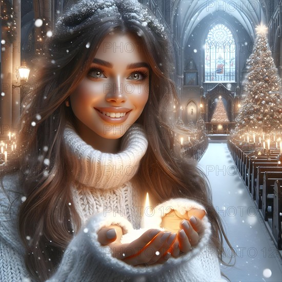 Portrait of a young cheerful woman with red lips and curly hair in a knitted sweater smiles against the background of a Christmas decorated Christmas tree and standing next to a church in December. AI Generated