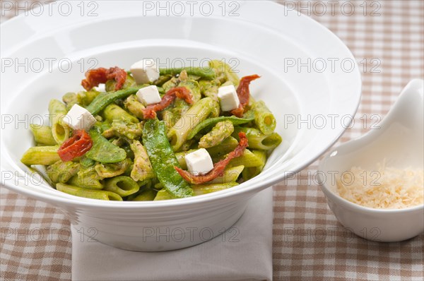 Classic Italian penne pasta with sundried tomato and basil