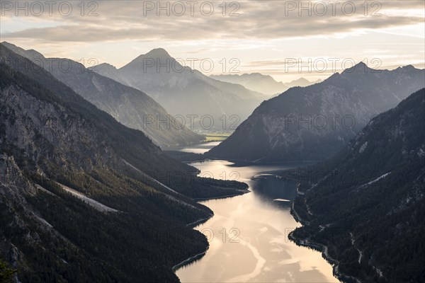 View of the Plansee lake from Schoenjoechl at sunset