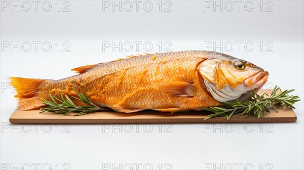 Fresh fish with rosemary on a cutting board on a white background AI generated