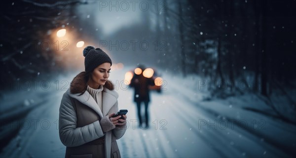 Female driver crashes her car on a slippery winter road in the snow