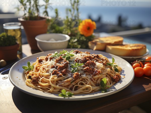 Helles Mittagessen im Freien mit Meeresblick