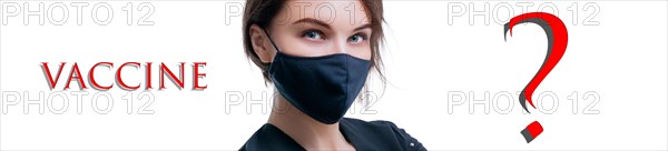 Portrait of a beautiful girl in a protective mask. Coronavirus vaccine concept. Advertising banner. Medical concept