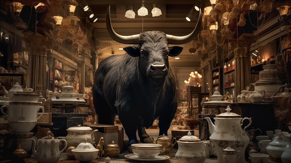 Very large bull with horns in a China shop filled with glassware. generative AI