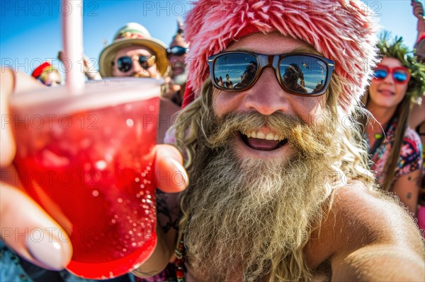 Man with long beard and sunglasses having fun with a drink at a summer party