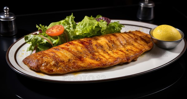 Grilled salmon fillet with salad and sauce on a black background AI generated