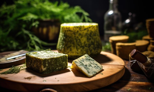 Homemade cheese with herbs and olive oil on a wooden board AI generated