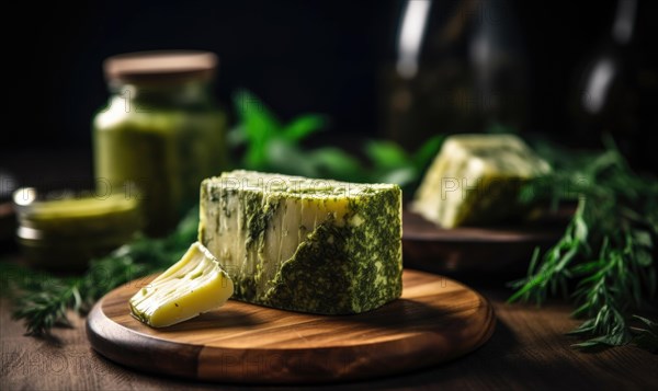 Homemade cheese with herbs and olive oil on a wooden board AI generated