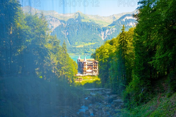 The Historical Grandhotel Giessbach on the Mountain Side with Waterfall in Brienz