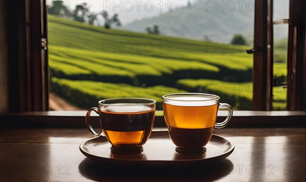 Glass cup of tea on wooden table and tea estate look from the window. AI Generated