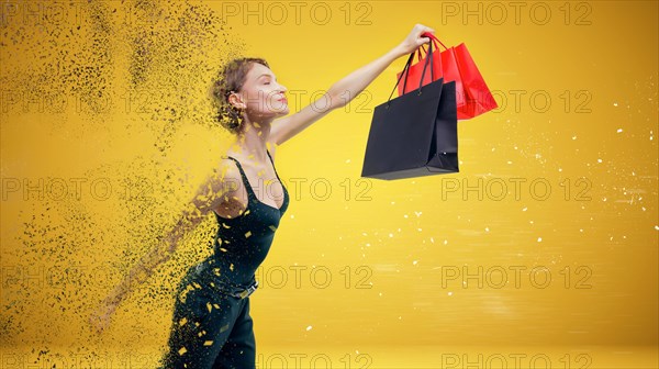 Image of a beautiful tall woman flying shopping with packages in hand. Decay effect. Holidays concept