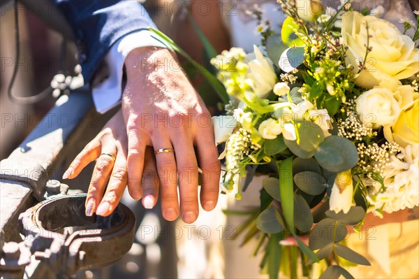 Hands of bride and groom with rings at a wedding