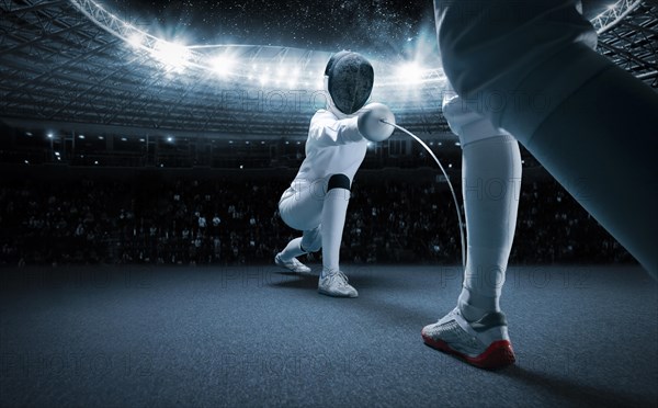 Portrait of two fencers against the backdrop of a sports arena. The concept of fencing. Duel.