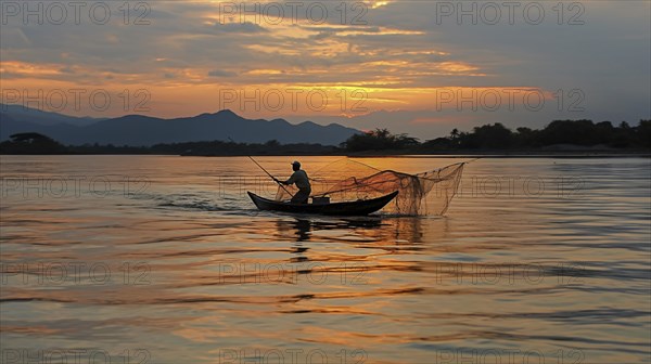 A solitary fisherman manages his net on a boat against the backdrop of a serene sunset