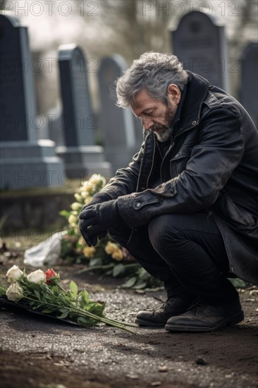 Man sitting sadly at gravestone