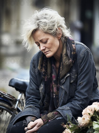 Woman sits sadly at the cemetery