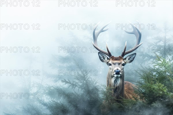 Deer with big antlers in foggy forest