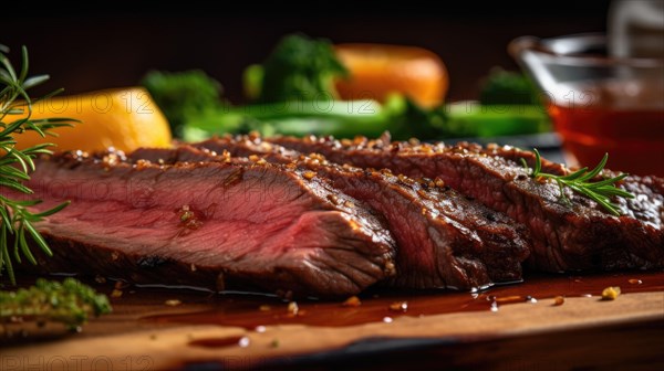 Slices of grilled beef steak on a cutting board with vegetables AI generated