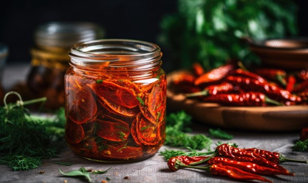 Dried tomatoes in a jar. Homemade marinated red chili peppers in a glass jar on a dark background AI generated