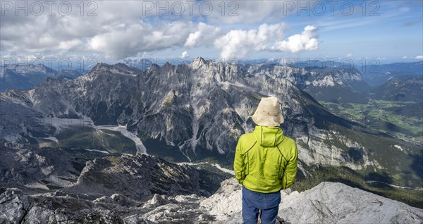 View of Wimbachgries valley and mountain panorama with rocky mountain peak of Hochkalter