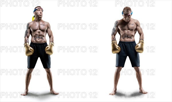 Image of two professional Thai boxers in front of a white background. Muay Thai