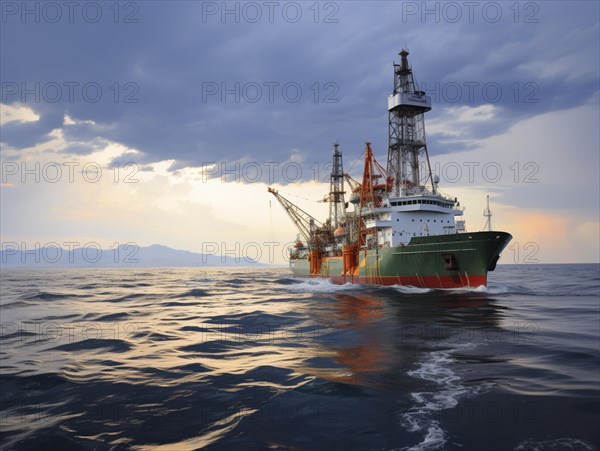 Offshore drilling ship in the ocean with the sun setting behind clouds