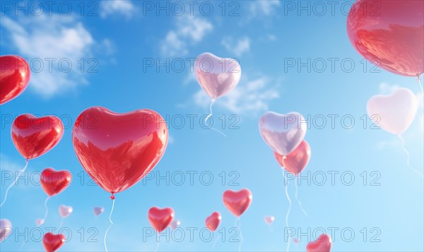 Red and pink heart-shaped balloons ascending into the sky AI generated