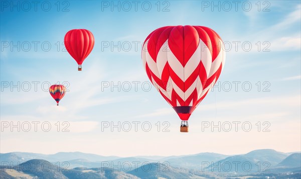 Colorful hot air balloons floating in the sky over rolling hills AI generated