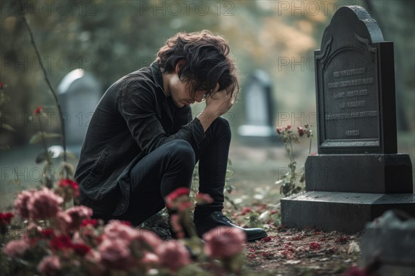 Man sitting sadly at gravestone