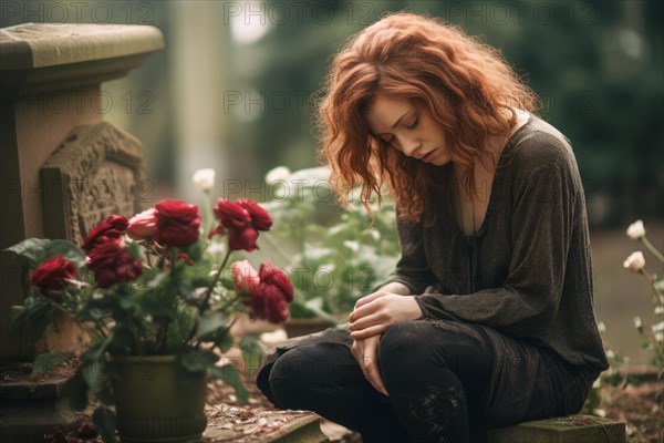 Young woman sitting sadly at gravestone
