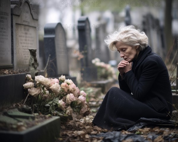 Woman sitting sadly at gravestone