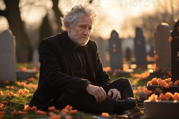 Man sitting sadly at gravestone
