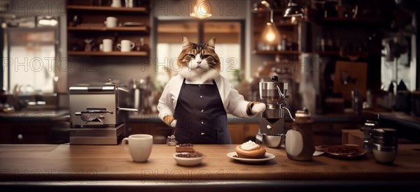 Cat barista in a coffee shop in a barista uniform