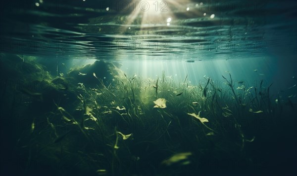 Underwater view of coral reef with fish and rays of sunlight AI generated