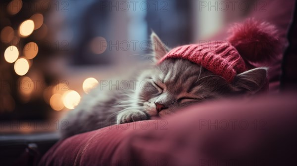 Beautiful siberian cat in red christmas hat sleeping on sofa at home AI generated