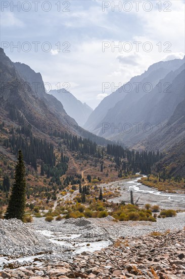 Mountain stream Ala Archa flows through the Ala Archa valley