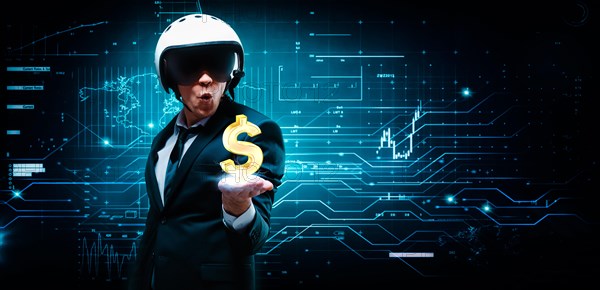 Portrait of a man in a suit and helmet. He put out a palm in which an electric charge and a dollar sign. Business concept. Stock market. Brokers and traders.