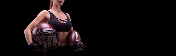 No name portrait of woman with ball and helmet for playing American football. Sports concept.