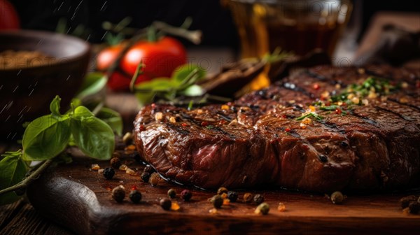 Grilled beef steak with fresh salad and cherry tomatoes on black background AI generated