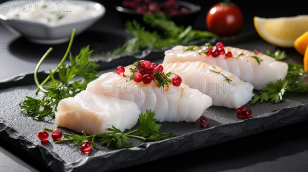 Raw white fish fillet with spices and lemon on wooden cutting board AI generated