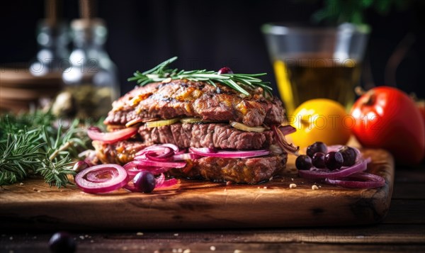 Grilled beefsteak with onion rings and rosemary on wooden board AI generated