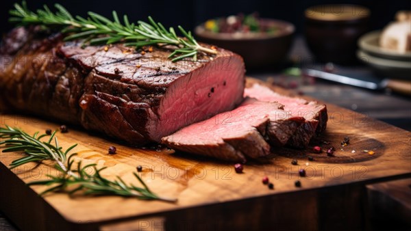 Grilled beef steak with rosemary and spices on wooden cutting board AI generated