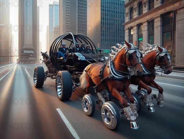 Punk luxury carriage pulled by fake electric horses