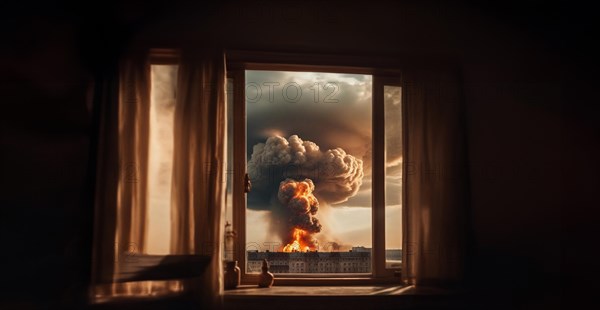 Nuclear explosion in the city view from the window